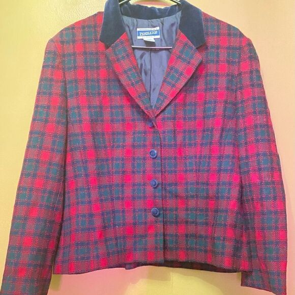 🛍️Pendleton Tartan Wool Blazer Coat Red plaid Print 🎉Size : 12 - Picture 5 of 9